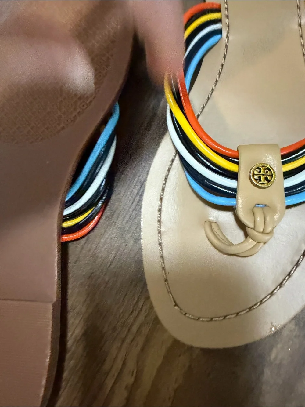Tory Burch Tan Leather Sandals with Multicolor Braided Straps